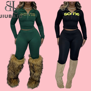 Rahat sportif kadınlar 2 parça Set moda temel mektup baskı Zip-up tam kollu üstleri + elastik pantolon kıyafetler - Product Image 1