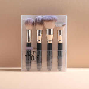 Brochas de maquillaje con mango de madera profesional Premium al por mayor, juego de brochas de maquillaje negro con logotipo personalizado en caja, 4 unidades - Product Image 1