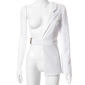 <span class=keywords><strong>2022</strong></span> nouveau Style d'été revers unilatérale manches longues ceinture irrégulière noir blanc veste Top femmes mode léger luxe Offre Spéciale - Product Image 6