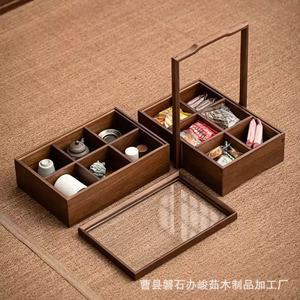 Caja de regalo rectangular de madera de nogal, portátil, de varias capas, para guardar té, pastel de luna, aperitivos. - Product Image 3