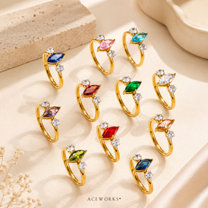 แหวนพลอยประจำเดือนเกิดทรงมาร์ควิส |   แหวนสแตนเลสสตีลชุบทอง 18K PVD ประดับเพชรซิคอนสามเม็ด |   กันน้ำ ป้องกันอาการแพ้ ไม่หมองคล้ำ - Product Image 3