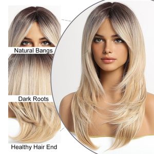 FUJIA-Perruques blondes ombrées avec <span class=keywords><strong>frange</strong></span>, perruque blonde cendré longueur épaules pour femmes, perruques superposées, perruques synthétiques racines foncées pour le quotidien - Product Image 1