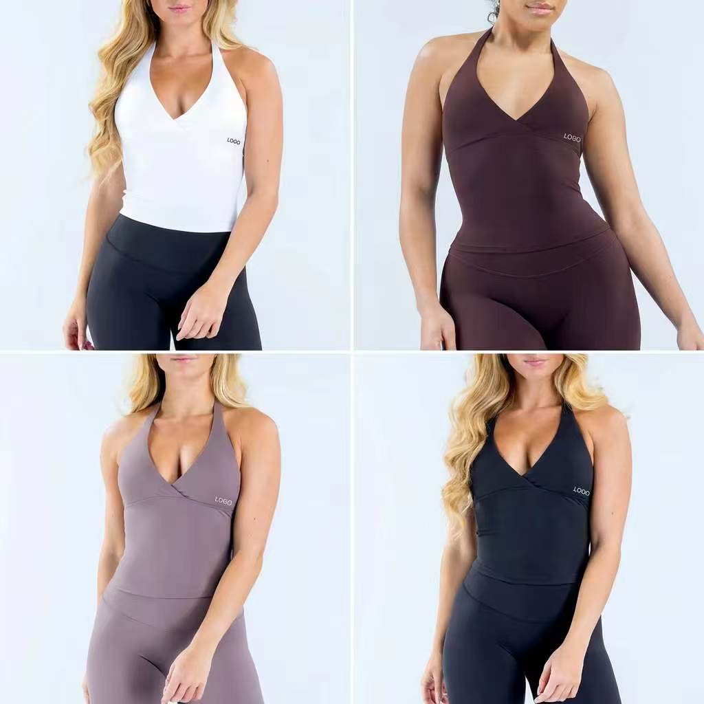 DFYN Cross-Border V-Neck Halter Tank Top Built-In Bra Pads Breathable Tight-Fitting Womens Backless Running Workout Yoga Vest