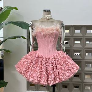 GX25901 Abito <span class=keywords><strong>Mini</strong></span> Elegante da Donna, Stile Boutique, Sexy, Senza Maniche, con Gonna a Balze e Decorazioni Floreali 3D, per Feste Estive - Product Image 3