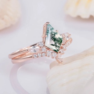 925 <strong>Sterling</strong> <strong>Silver</strong> Vintage Kite Cut Moss Agate Diamond Engagement <strong>Ring</strong> <strong>Set</strong> 14k Rose Gold Green Moss Agate Wedding Bridal <strong>Set</strong> - Product Image 5