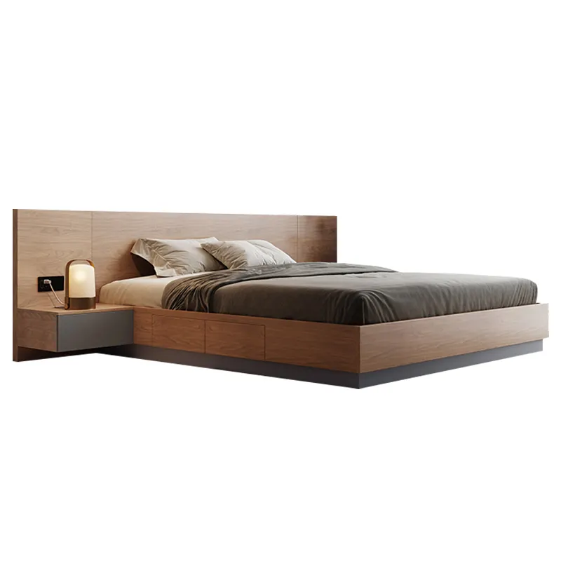 Natural Style Apartment Hotel Home Double Full King Queen Size Bed Wooden Base Tatami MDF Bed Frame With Headboard