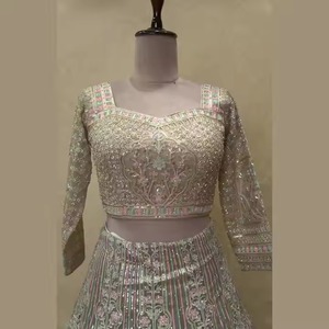 インドから最も売れているデザイナー赤面ピンクネットLehengaザリとハンドビーズ詳細卸売価格 - Product Image 1