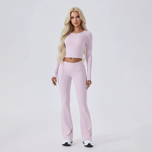 Completo Yoga Donna Sexy con Logo Frontale e Schiena Scoperta, Top Corto a Maniche Lunghe con Spalline Incrociate e Leggings a Zampa a Vita Alta Traspiranti, 2 Pezzi per <span class=keywords><strong>Palestra</strong></span> - Product Image 3