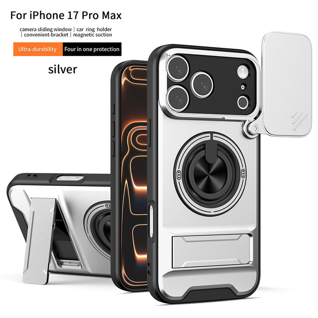 Slide Camera Lens Protection Magnetic Phone Cover for iPhone 17 Pro Max 16 Pro Max With Ring Holder Armor Phone Case