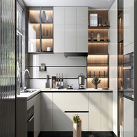 Meubles de cuisine intégrés en mélamine en forme de L, minimalistes, bicolores, en bois blanc, sans poignées, avec éclairage LED sous l'armoire, résistants à l'humidité