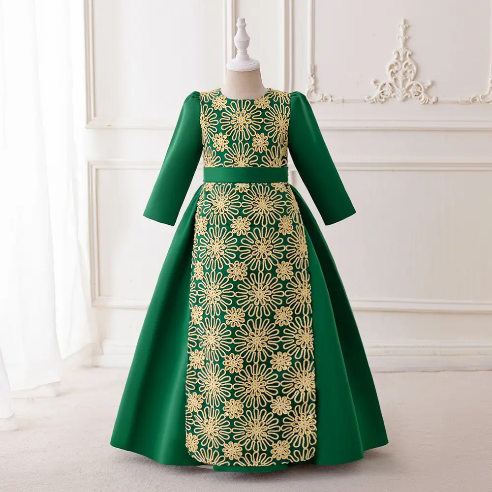 Vestido de menina muçulmano verde para crianças, vestido de oração para meninas e meninas, manga comprida, abaya islâmico
