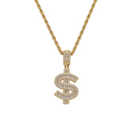 CN353 Pendentif en laiton plaqué or/argent 18 carats avec signe dollar, zircon scintillant et chaîne corde, collier hip-hop pour homme