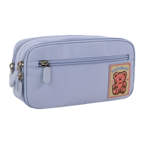 SENDA Light Blue Nylon Pencil Case with Zipper and Bear Patch for <b>School</b> or Office Use - Product Image 2