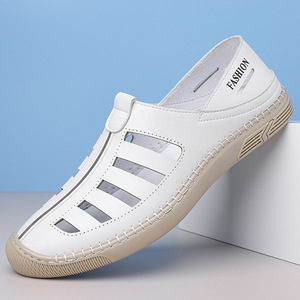 White Breathable Hollow-Out Leather Sandals Flat Slip-On Men's Casual Driving Shoes - Product Image 1