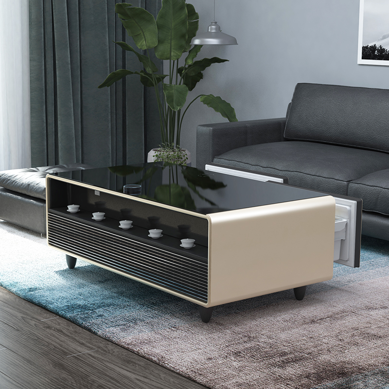 New arrival smart refrigerator coffee table fridge table with fridge blueteeth speakers usb chargers led touch screen