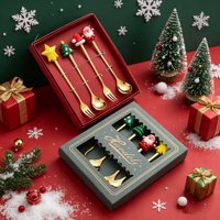 Coffret Cadeau de Noël 2 4 6 Pièces Ensemble de Couverts en Acier Inoxydable Doré Cuillère à Dessert Fourchette avec Manche Dessin Animé pour Fêtes de Fin d'Année