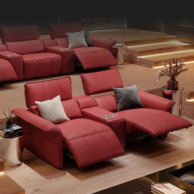 Latest Design Genuine Leather Modern Two Seat Power Reclining Red Electric Recliner Home Cinema Sofa Theater Furniture