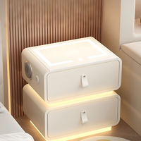 Table de chevet moderne en bois massif blanc crème, 2 tiroirs, écologique, avec chargeur sans fil et haut-parleur Bluetooth