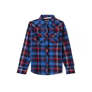 Fashion color checked blue and red plaid vintage lightweight wholesale made of cotton rayon viscose womens flannel shirt