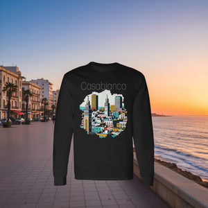 T-shirt a maniche lunghe con design del paesaggio urbano di Casablanca, souvenir del Marocco - Product Image 3