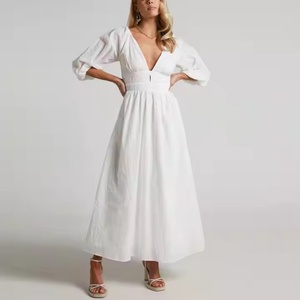 Nouvelle Robe Longue Décontractée Blanche en Coton et Lin pour Femme, Col en V, Dos Nu, Élégante, Personnalisable avec Logo, Collection Été 2025 - Product Image 1