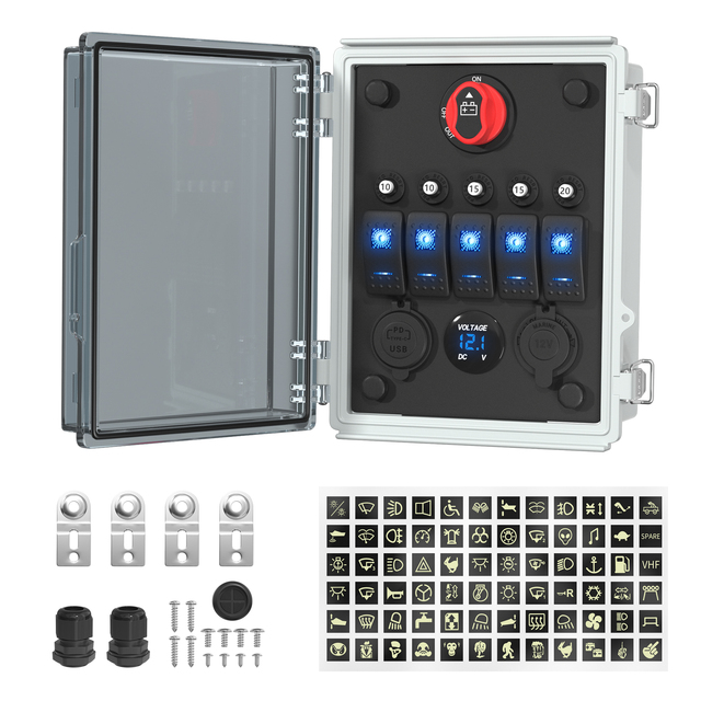 Marine IP67 Waterproof 5 Gang Rocker Switch Panel 12V with USB Charger Voltmeter Circuit Breaker for Boat Automotive
