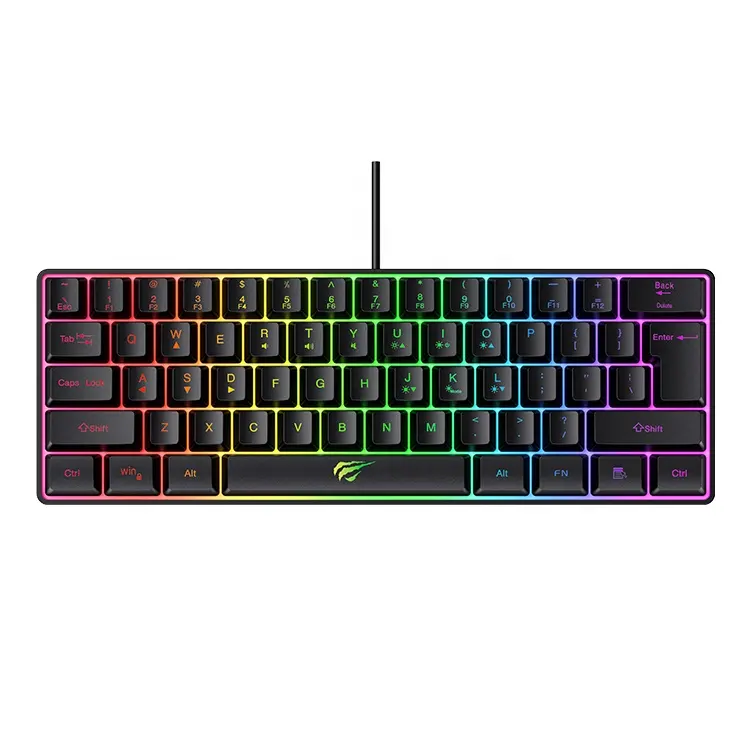 Kb854L Keyboard Gaming Havit 60%, Keyboard Gaming Ringkas 61 Tombol Rgb dengan Kabel Backlit dan Manufaktur Keyboard Membran Kantor