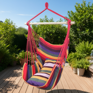 Fauteuil suspendu en toile de coton distinctif avec coussins arc-en-ciel, chaise de jardin d'extérieur, style éclectique, structure en bois massif - Product Image 2