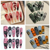 Medium Halloween Coffin Almond Press-On ABS Nail Art Pintado a mano Diseño de Halloween Stick-On Nails para dedos para Nail Art Salon