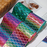 Pita Grosgrain Sisik Duyung Berlapis Emas 100% Poliester Pita Cetak Pelangi untuk Kerajinan DIY, Ikat Rambut, Pembungkus Kado, Dekorasi