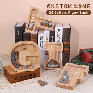 <span class=keywords><strong>Tirelire</strong></span> en bois naturel faite à la main <span class=keywords><strong>avec</strong></span> votre nom et texte de A à Z - Cadeau personnalisé pour enfants - Product Image 6