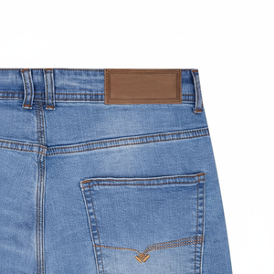 Venta al por mayor azul claro Slim Fit pantalones de mezclilla para los hombres de pierna ancha desteñido Jeans elásticos bordados Casual moda desgaste pedidos del OEM - Product Image 1