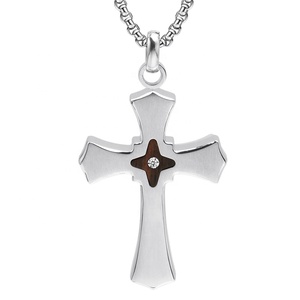 Collier pendentif TIZTI en bois d'ébène naturel et 1 pierre CZ incrustée, croix religieuse en acier inoxydable pour homme - Product Image 1