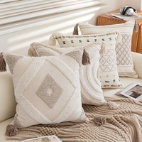 Housse de coussin carrée en coton et lin, style bohème, brodée, à franges, pour canapé, salon, dossier de lit, rayée, géométrique