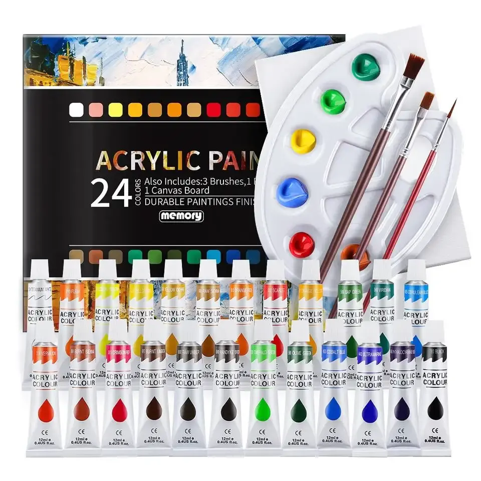 Fine art supplies 24 color 12ml Acrylic paints with 3pcs brushes and palette gift box for student