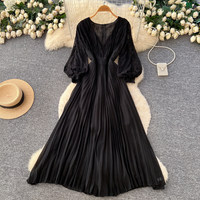 Robe longue plissée élégante pour femme WIWT, col en V, manches longues en dentelle, coupe trapèze, décontractée, pour soirée ou usage quotidien