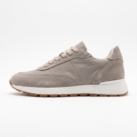 Chaussures de randonnée décontractées pour hommes, style rétro, en PU et daim synthétique, avec embout renforcé, double bande latérale blanche, à lacets, semelle extérieure en TPR couleur caramel, OEM ODM