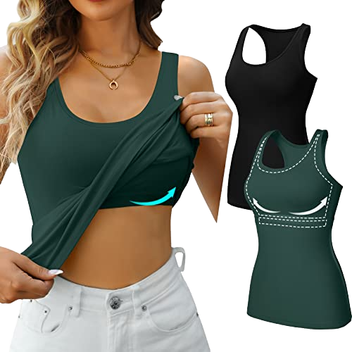 Custom Logo Breathable Women's Tank Tops with Built-in Shelf Bras Racerback Wide Strap Cotton Scoop Neck Yoga Pack of 2 Vest