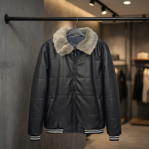 Mens Genuine <b>Leather</b> <b>Jacket</b> Fur Collar Zip Up Winter Bomber Coat Custom Logo <b>Long</b> Sleeve Warm Casual Outerwear Streetwear - Product Image 2