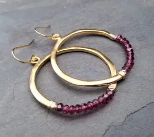 Zooying 2023 vintage rhodolite garnet circle round beaded dangle gold crescent hoops gemstone earring