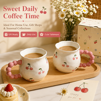 Mug à café en céramique personnalisé à motif cerise avec poignée perlée rose, boîte cadeau, fournisseur en gros OEM ODM