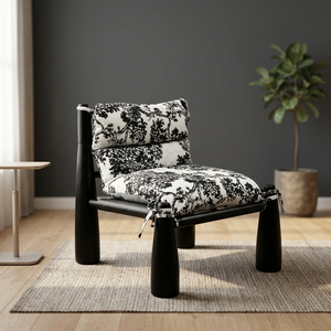 Silla Moderna de Madera para Sala de Estar, Estructura Negra, Cojín Floral Blanco, Respaldo Sólido, Funda Extraíble, Estilo Casual, Muebles para el Hogar - Product Image 2