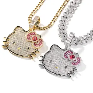 Nieuwe Aankomst Hiphop Iced Out Roze Effen Zirkoon Glanzende Cartoon Hello Kitty Sieraden Schattige Kat Hanger Ketting