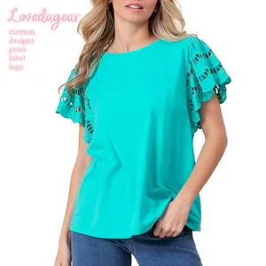 Loveda Custom Women Solid Blouses O Neck Jersey Scalloped Lace Sleeves T Shirts For Multiple Color