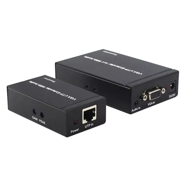 300M VGA extender to UTP over Cat5/6 RJ45 cable 1x1 Splitter with Audio Stereo Audio,1xRJ45 Black