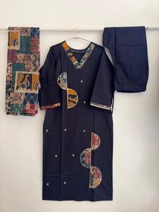 Conjunto de Kurta/Kurti de Algodón Azul Oscuro para Mujer, Estilo Tradicional Indio y Pakistaní, para Fiestas, Largo hasta el Tobillo, Corte Regular, Diseño Estampado, Secado Rápido - Product Image 1