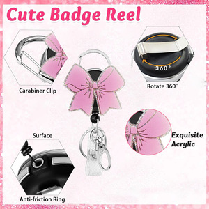 In-stock shiny <b>bow</b> carabiner rotating heavy-duty badge scroll keychain retractable UV card <b>holder</b> set - Product Image 4