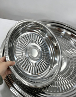 Plateau de service rond en acier inoxydable, motif gaufré, grande taille 20-50 cm, assiette décorative en métal pour restaurant, maison, vente en gros