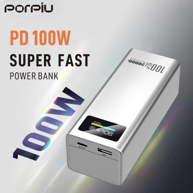 PORPIU 2025 New Super Fast Charging 100W High Capacity 20000mAh Ultra Slim Portable Power Bank with LED Display