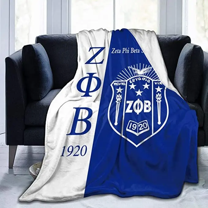 ผ้าห่มขนแกะสองหน้าสำหรับสตรีผ้าห่มผ้าฟลีซสีฟ้าเข้มมีสองหน้าผ้าคลุมเตียงชมรม Zeta phi Beta ปรับแต่งโลโก้ได้ตามต้องการ